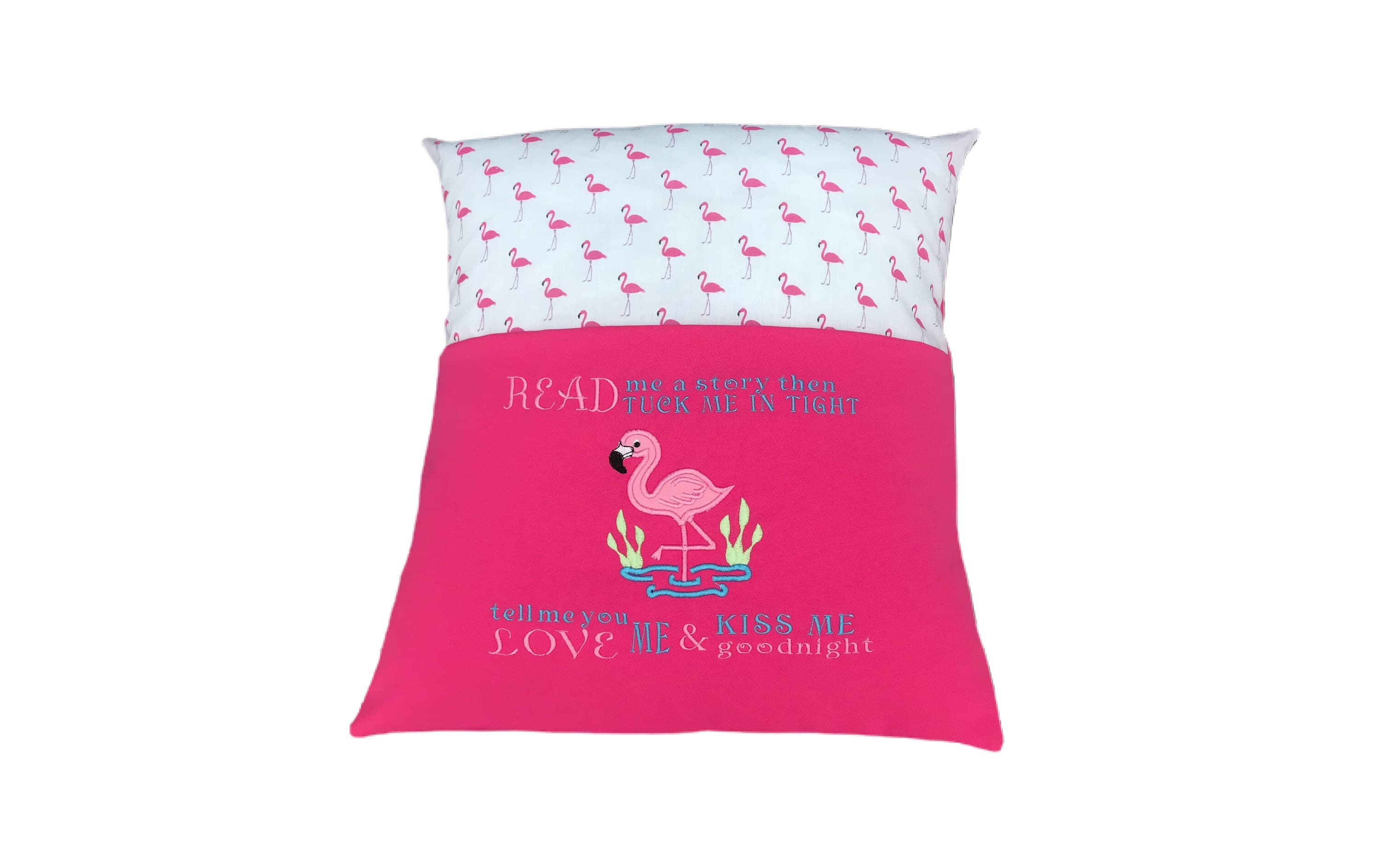 Flamingo Reading Pillow: Embroidered Pocket Cushion, Bedtime Story — image 2