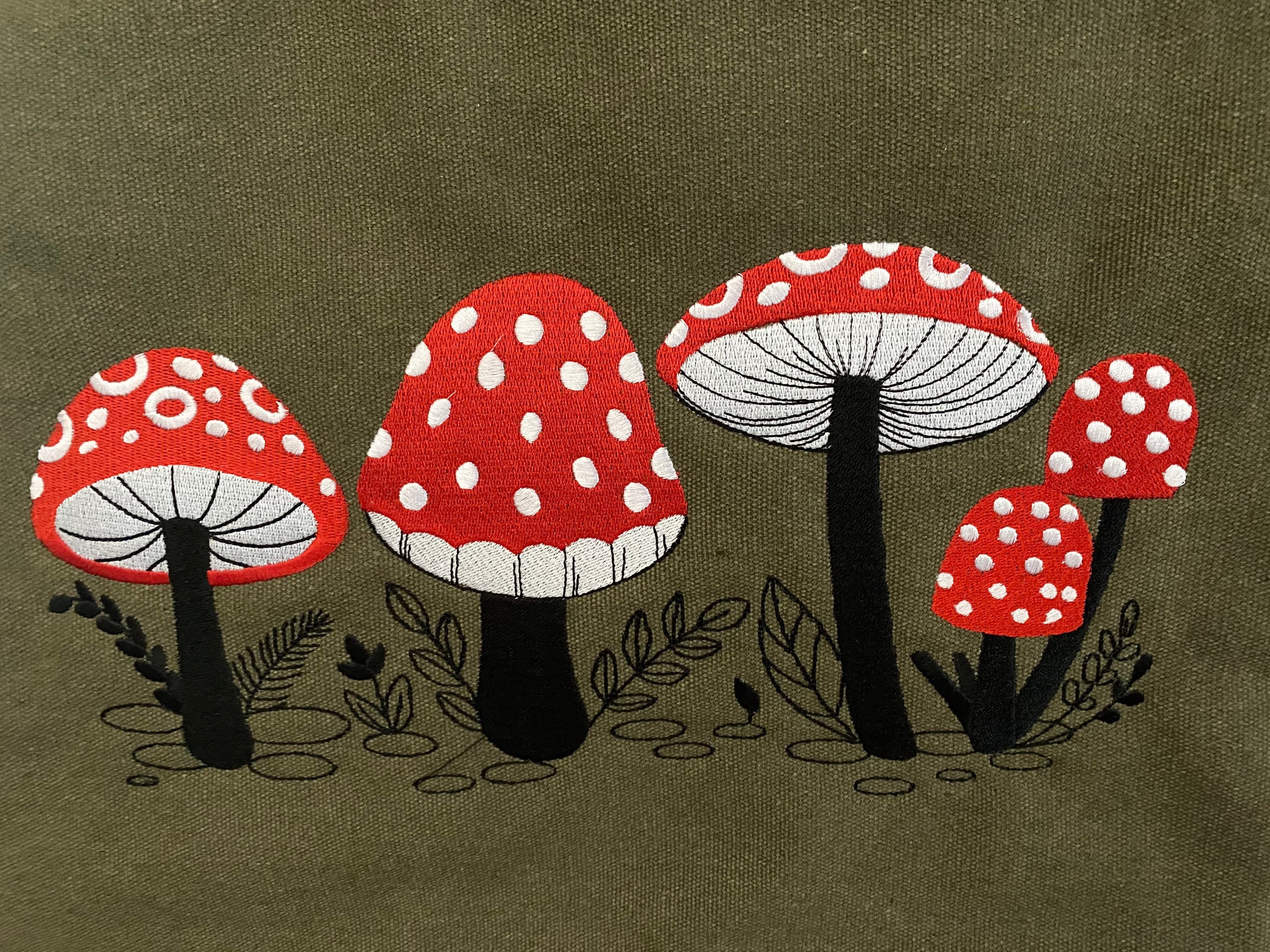Red Toadstool Embroidered Bag, Cotton Canvas Khaki Messenger Bag — image 5