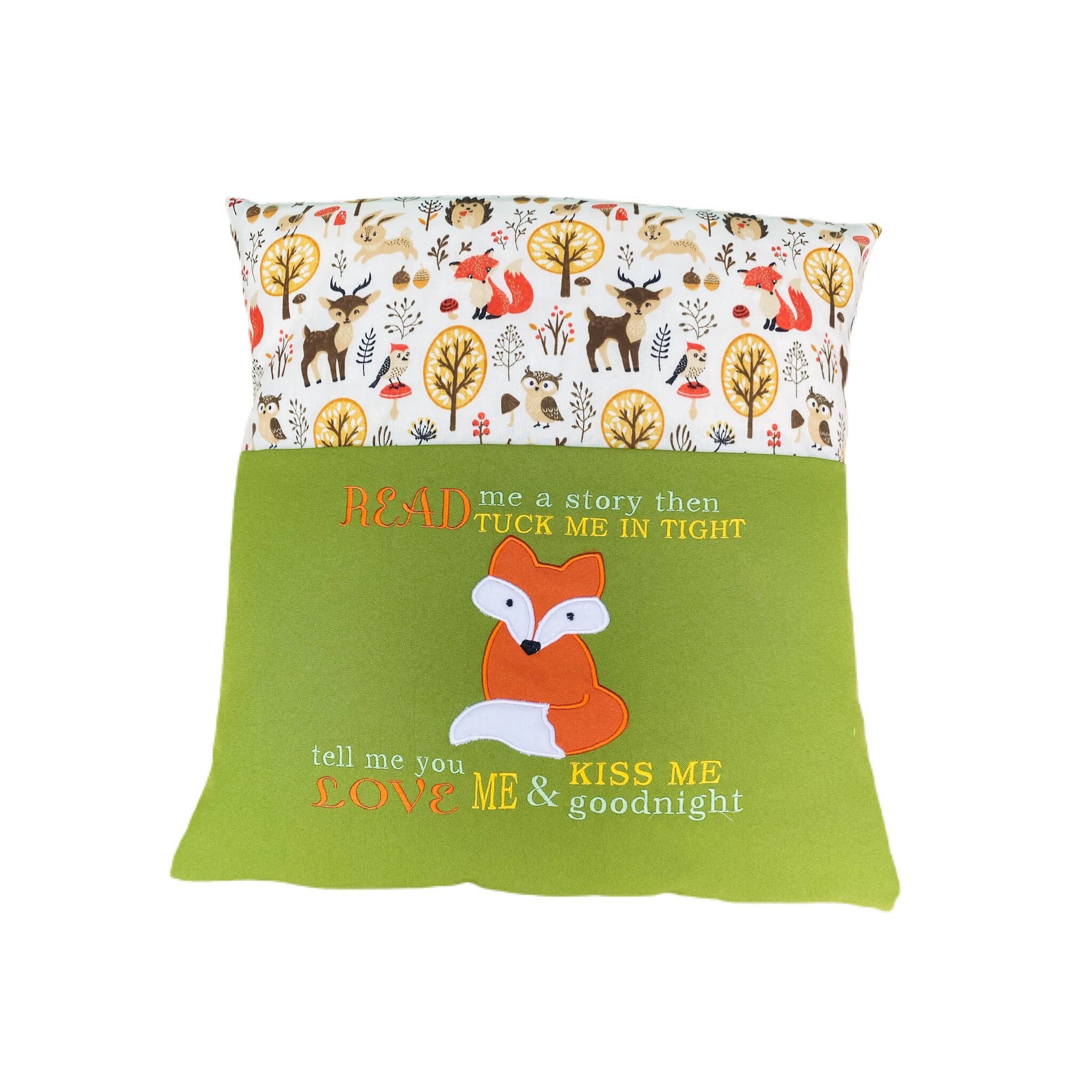 Embroidered Fox Reading Pillow: Children's Story Book Pocket Cushion