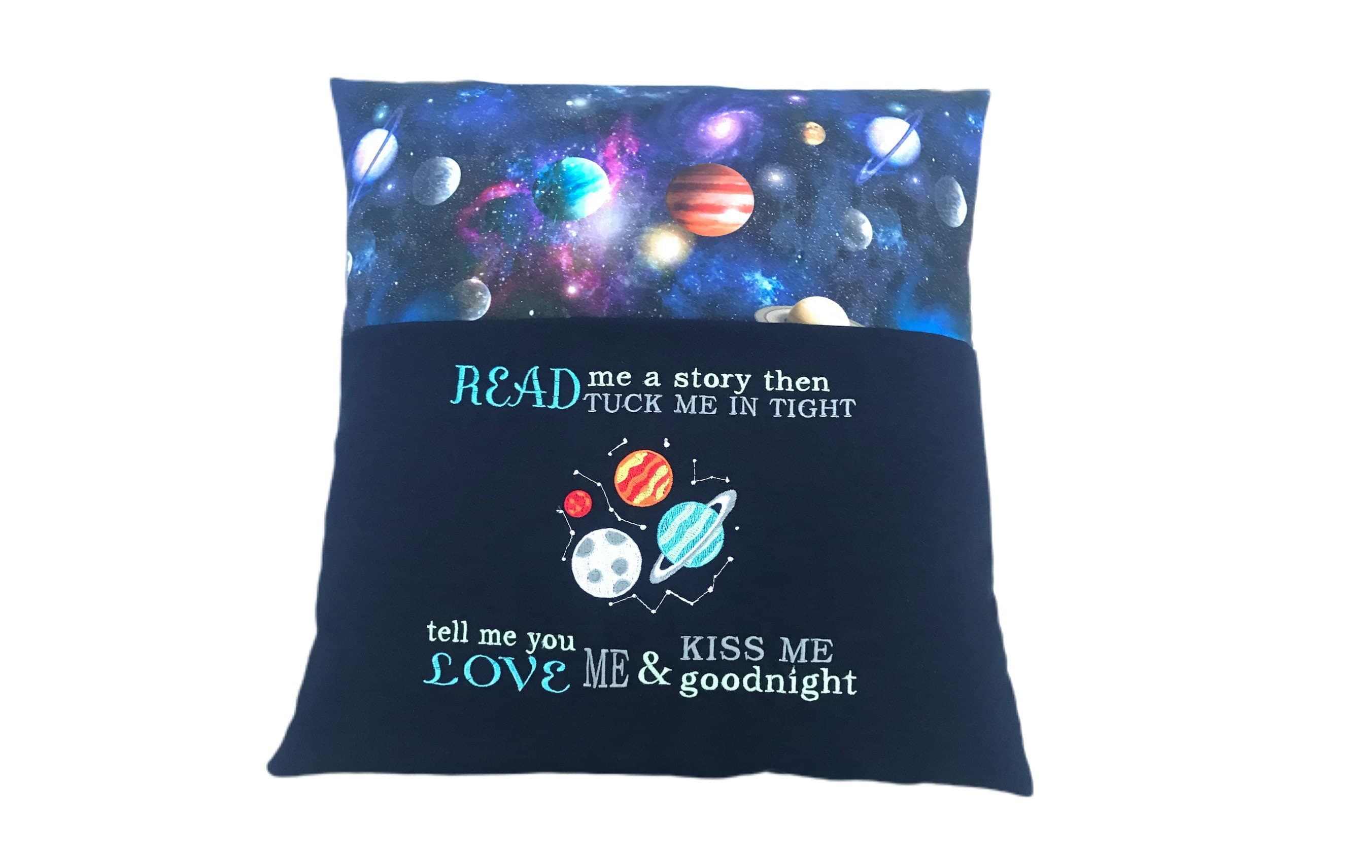 Embroidered Space Book Cushion: Children's Reading Pillow with Pocket — image 2