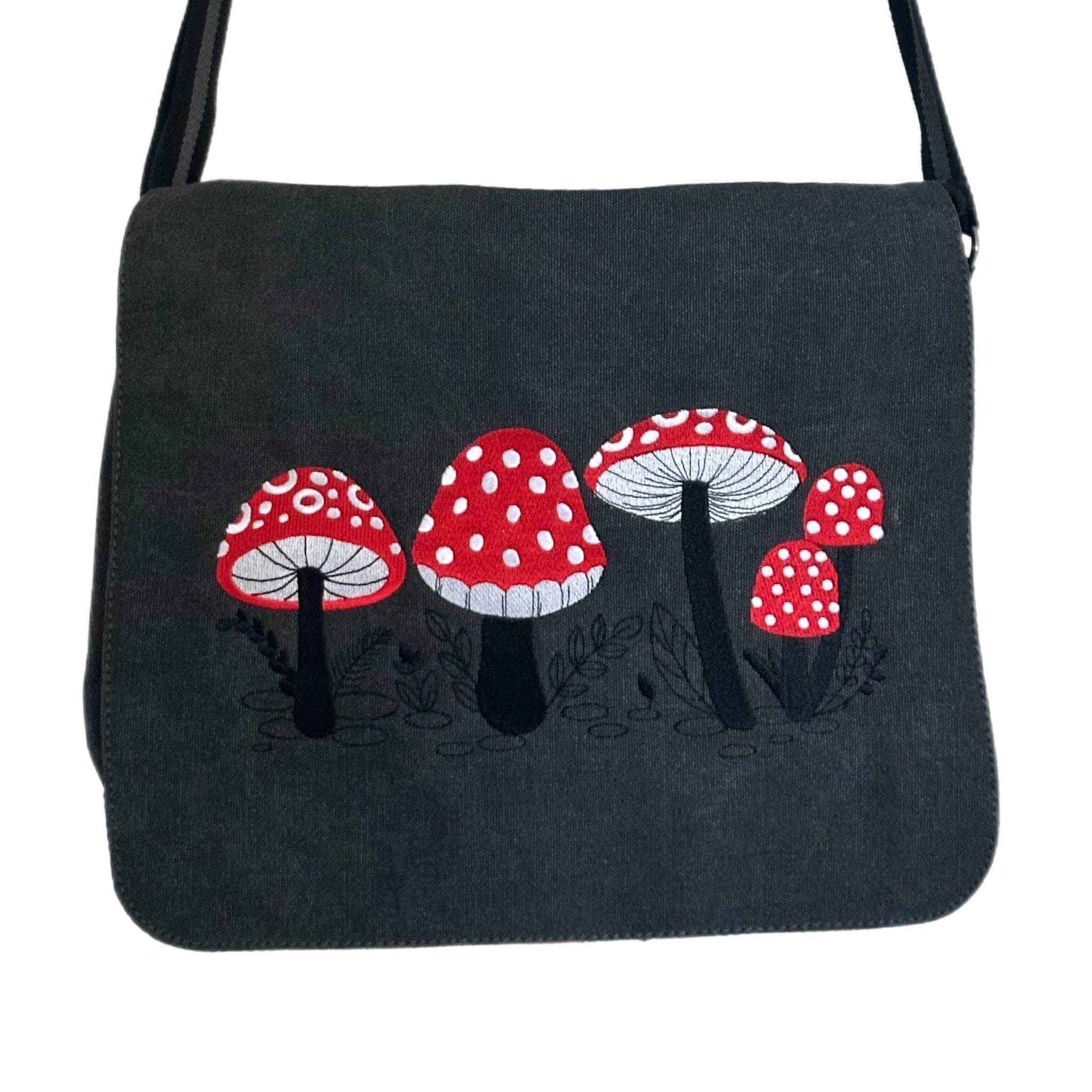 Red Toadstool Embroidered Bag, Cotton Canvas Vintage Black Messenger Bag