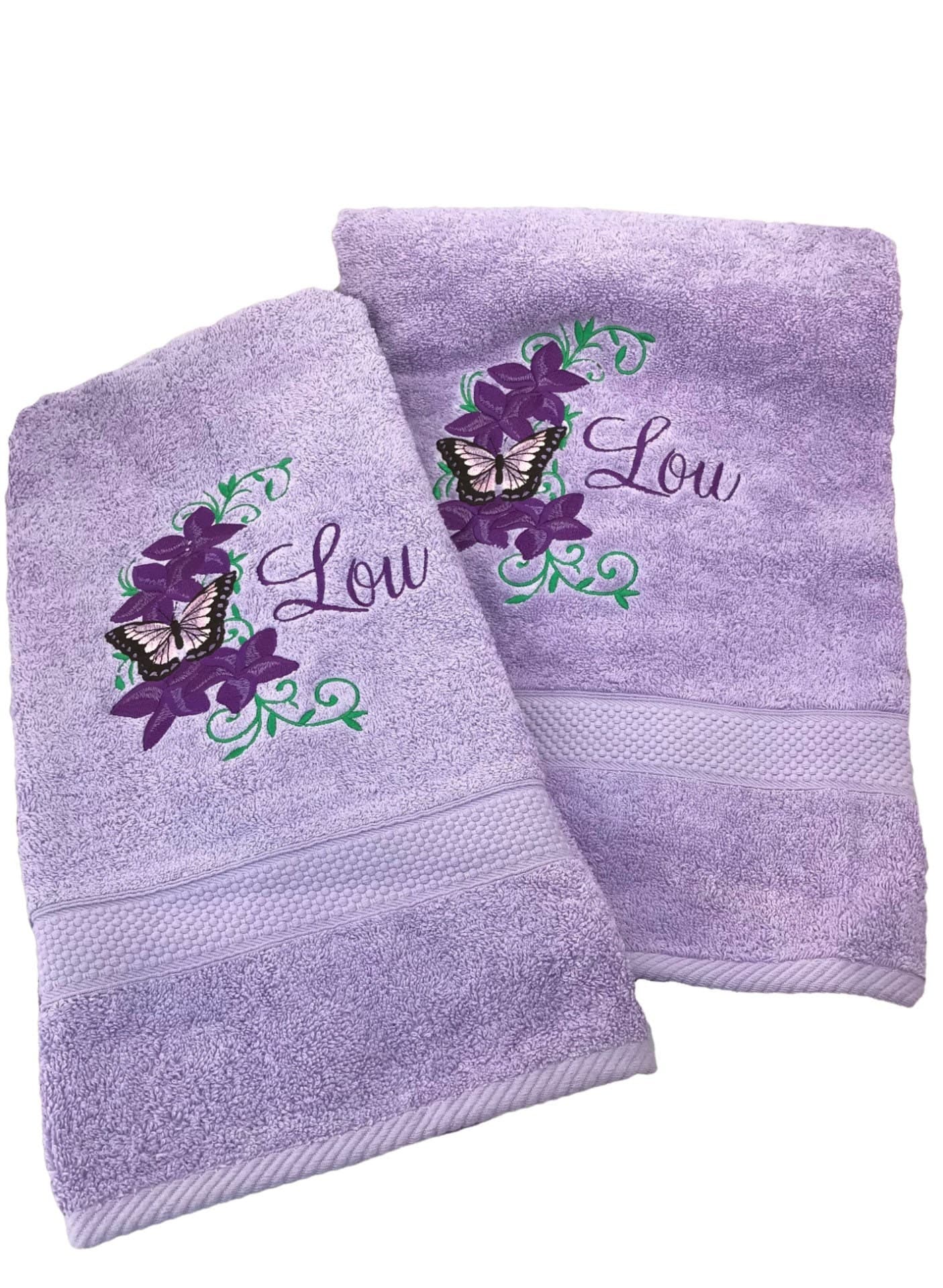 Personalized Lilac Towel Set: Embroidered Butterfly Floral Design