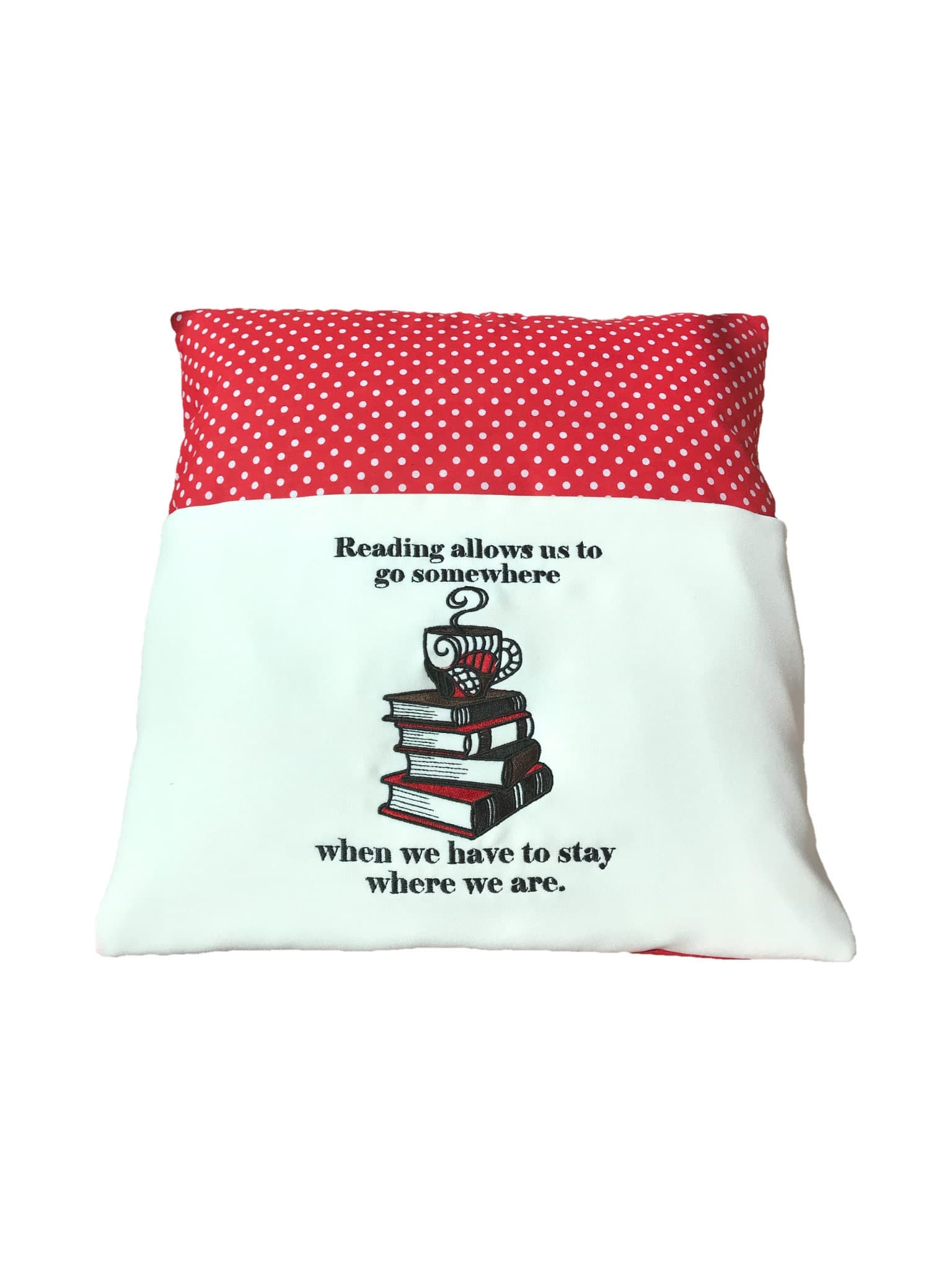 Red & White Spot Book Cushion: Embroidered Reading Pillow