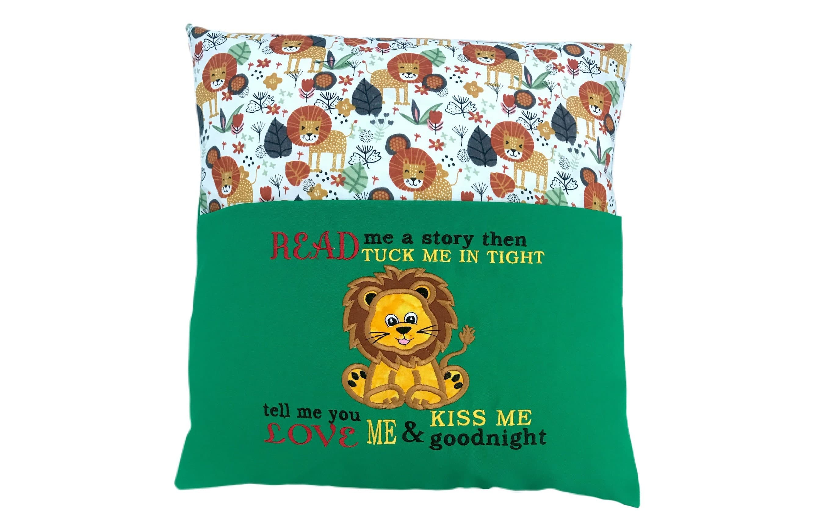 Embroidered Lion Reading Pillow: Safari Book Cushion