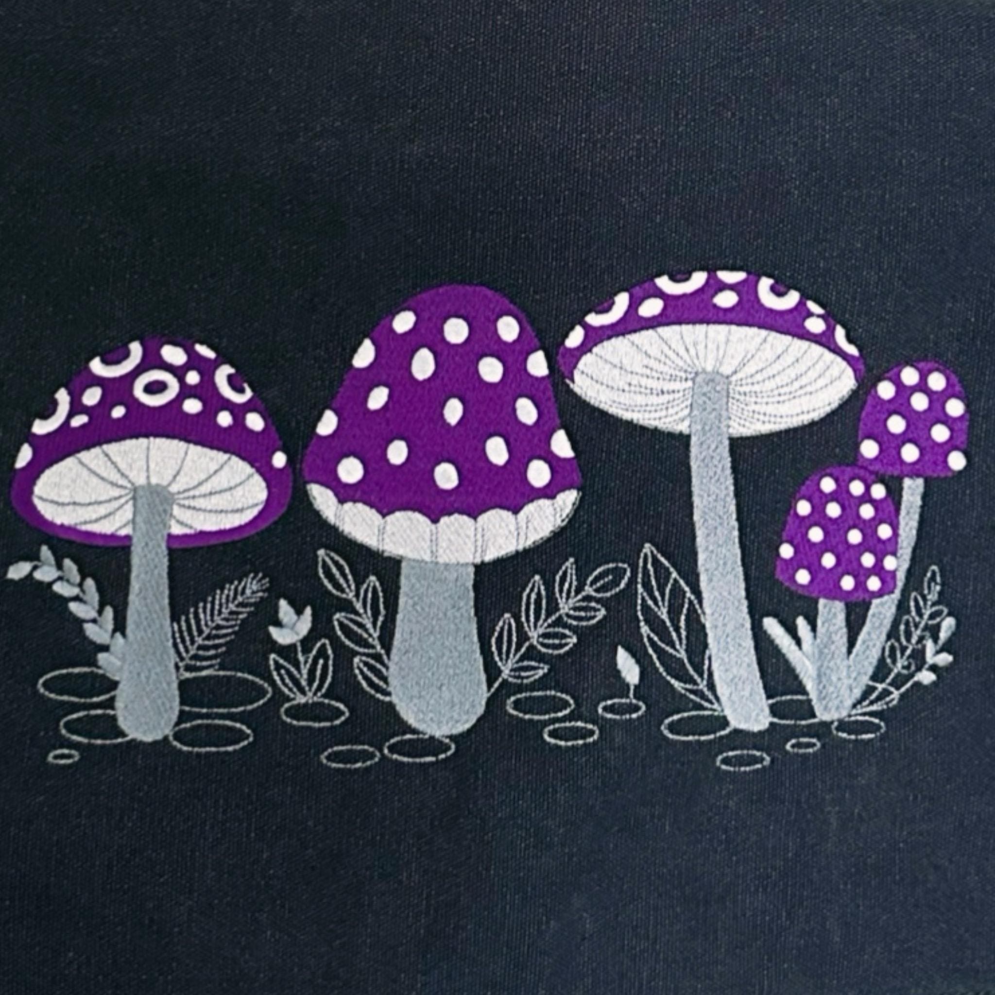 Purple Toadstool Embroidered Bag, Cotton Canvas Vintage Black Messenger Bag — image 2