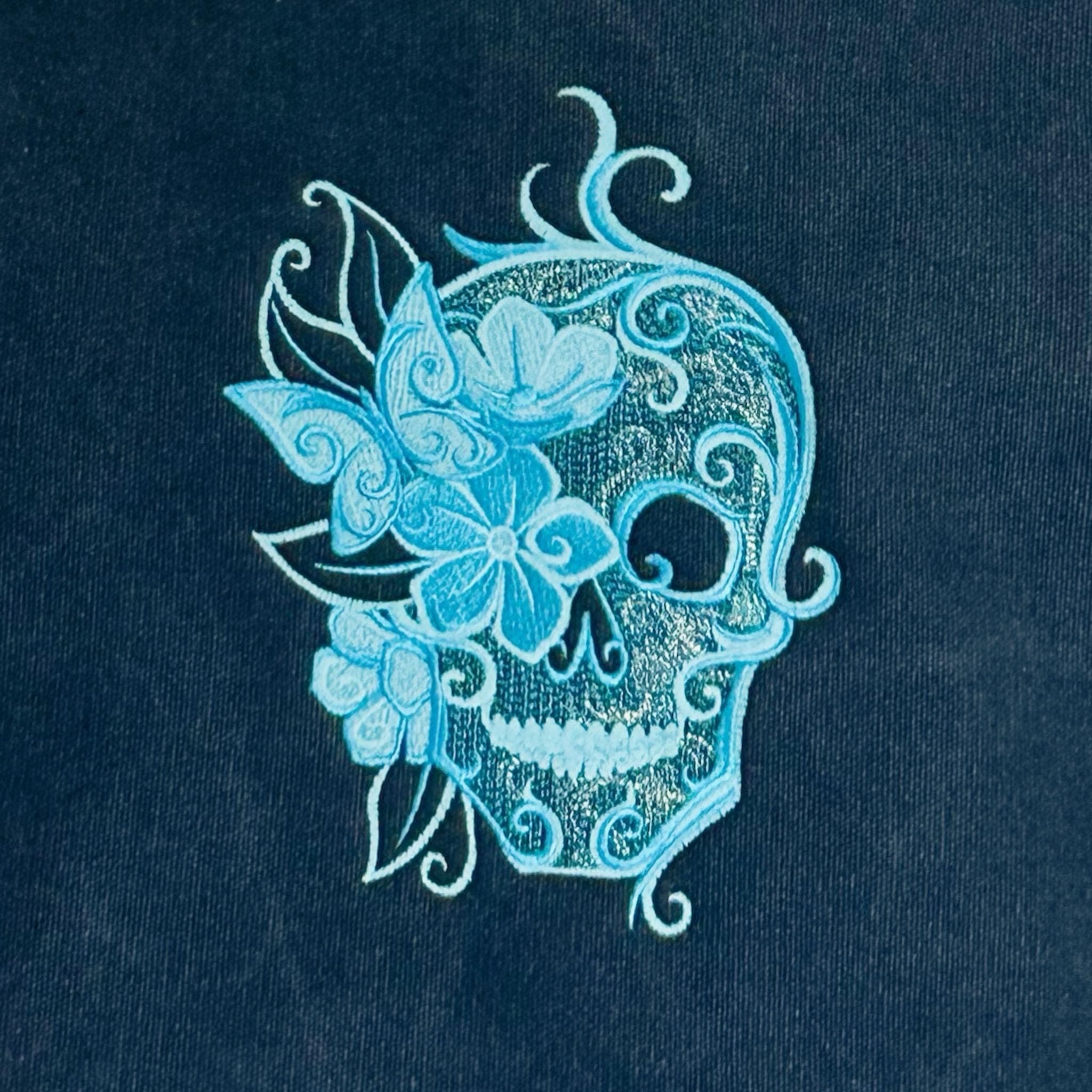 Blue Sugar Skull Embroidered Messenger Bag: Cotton Canvas Laptop Bag — image 3