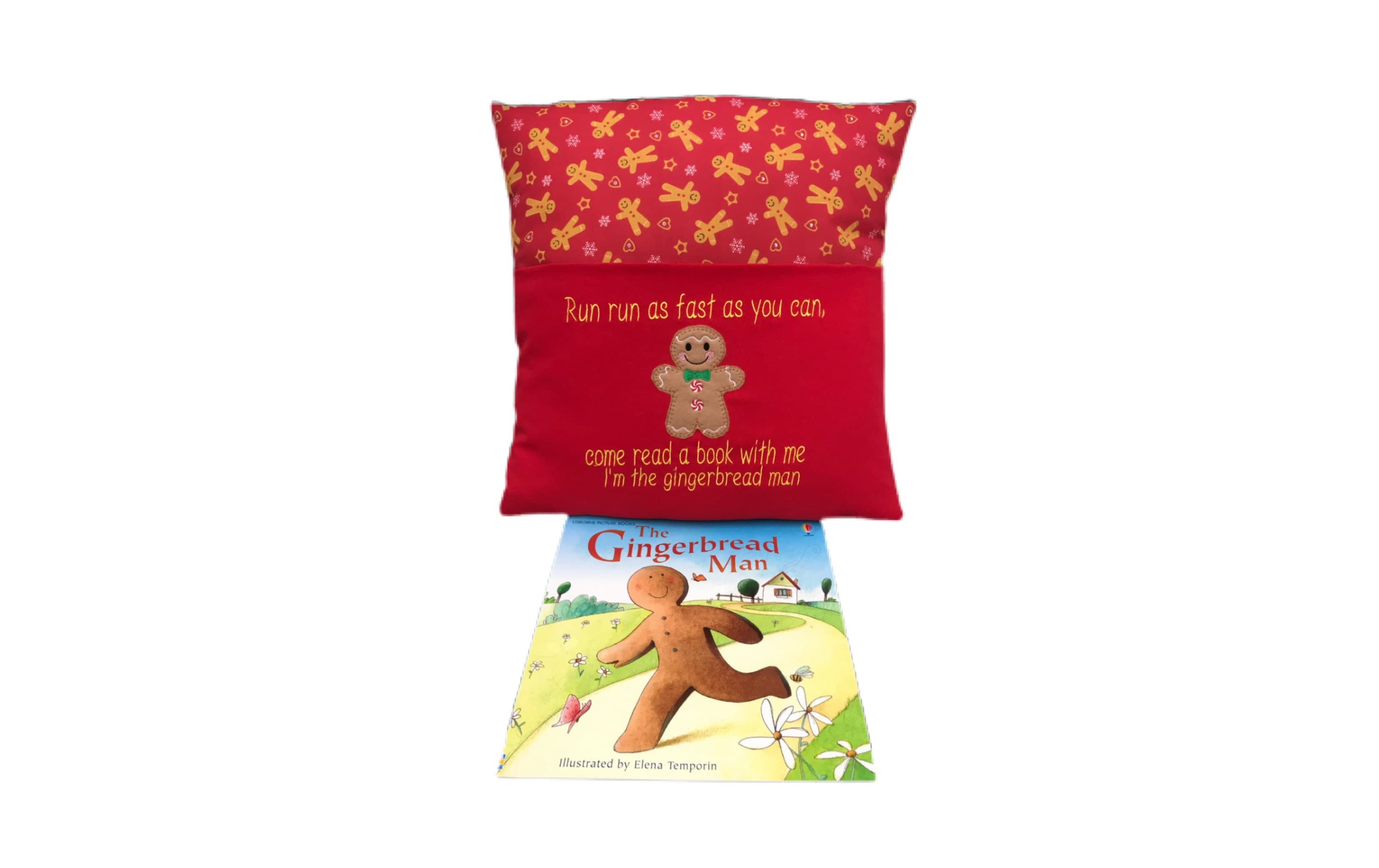 Gingerbread Man Reading Cushion: Embroidered Book Pocket — image 3