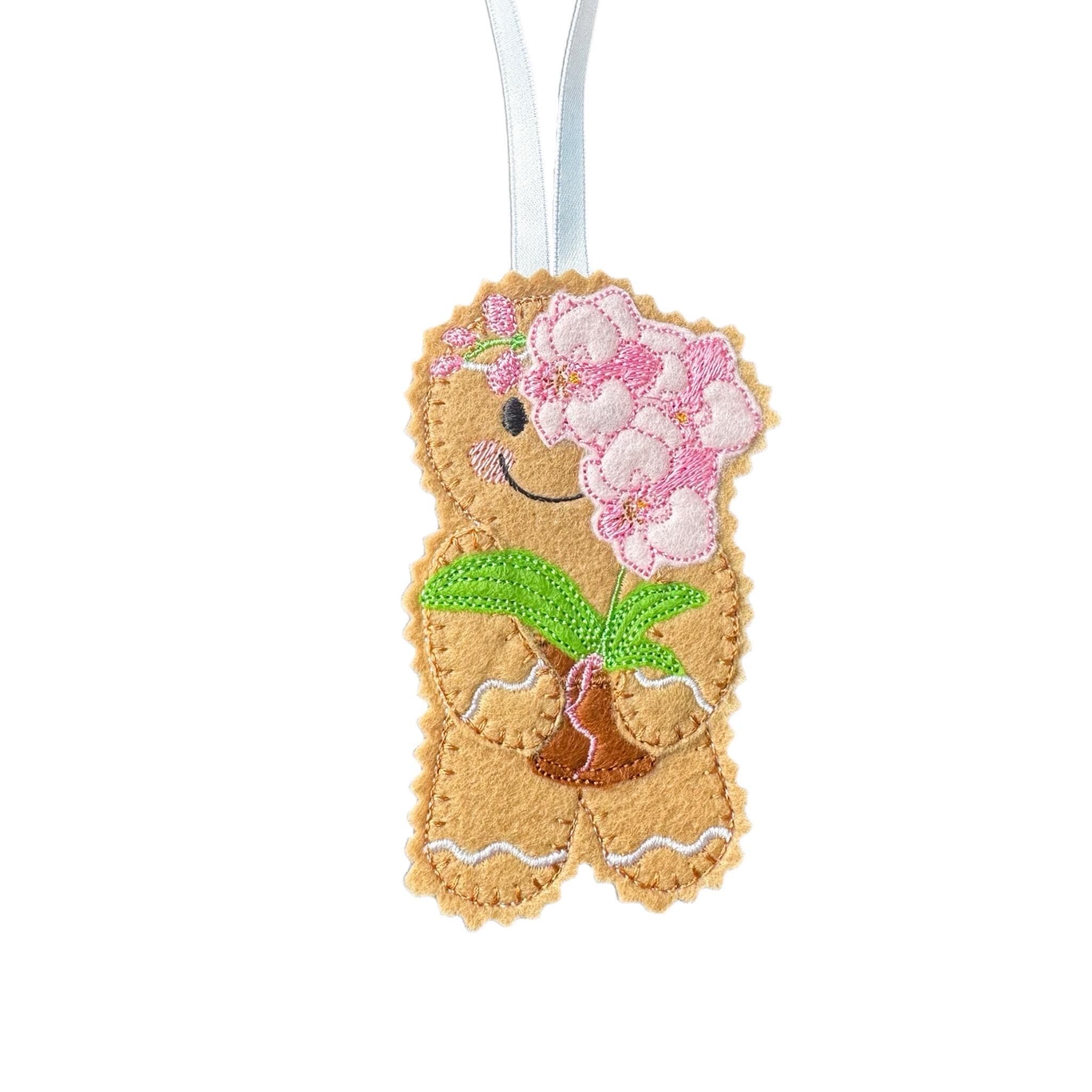Pink Orchid Flower Felt Gingerbread Ornament, Handmade Decoration