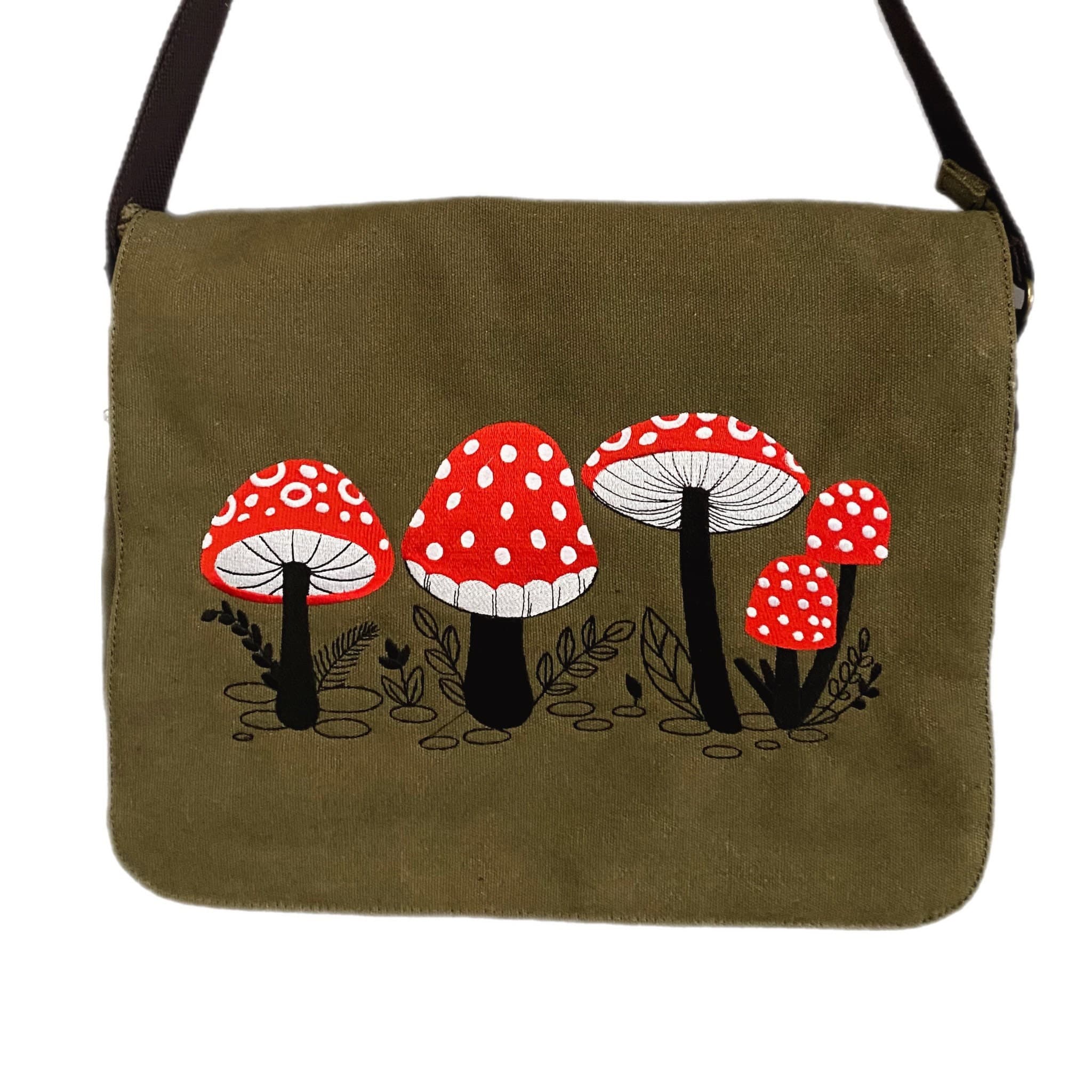 Red Toadstool Embroidered Bag, Cotton Canvas Khaki Messenger Bag