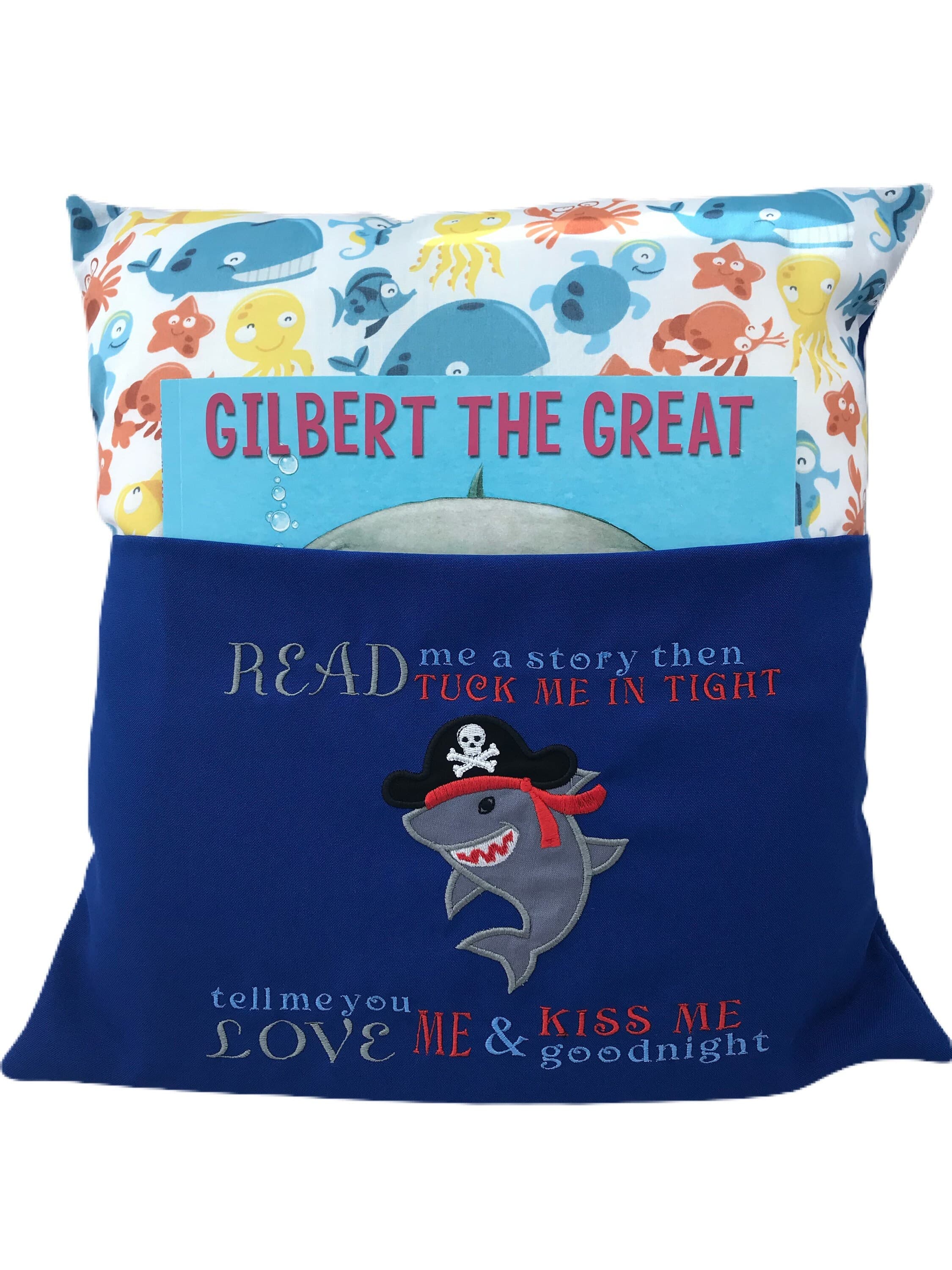 Embroidered Pirate Shark Reading Cushion: Sea Theme Book Pocket — image 2