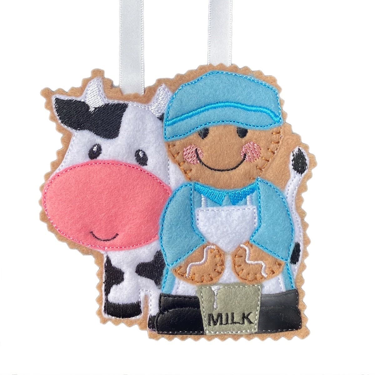 Dairy Farmer with Cow Gingerbread Man Felt Decoration — image 2
