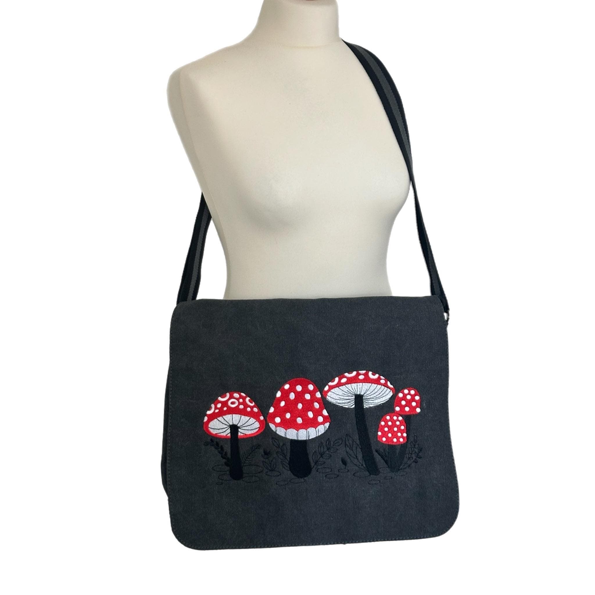 Red Toadstool Embroidered Bag, Cotton Canvas Vintage Black Messenger Bag — image 2