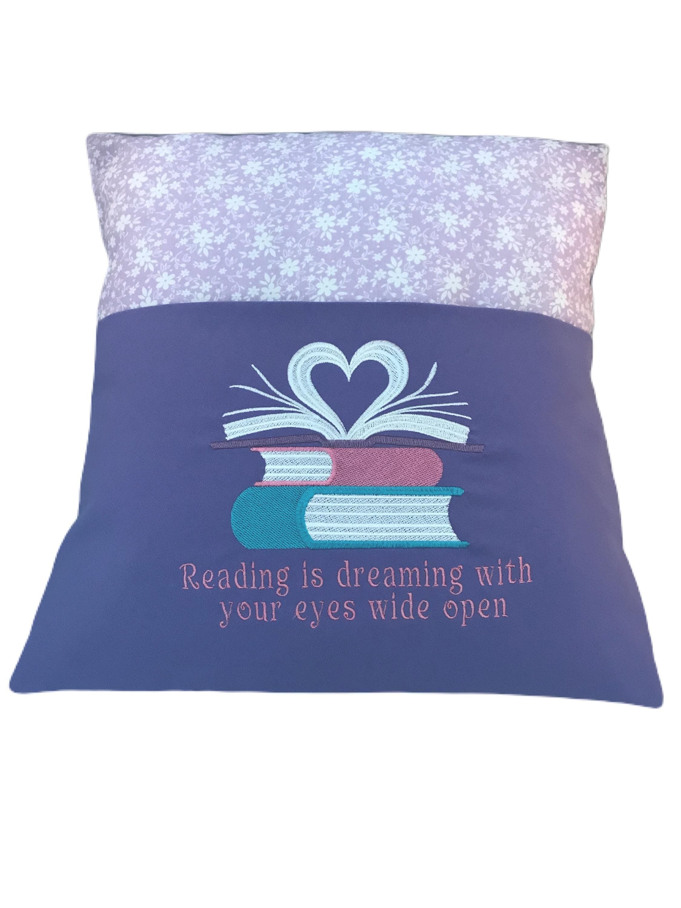Purple Floral Book Cushion: Embroidered Heart Pocket Reading Pillow — image 2