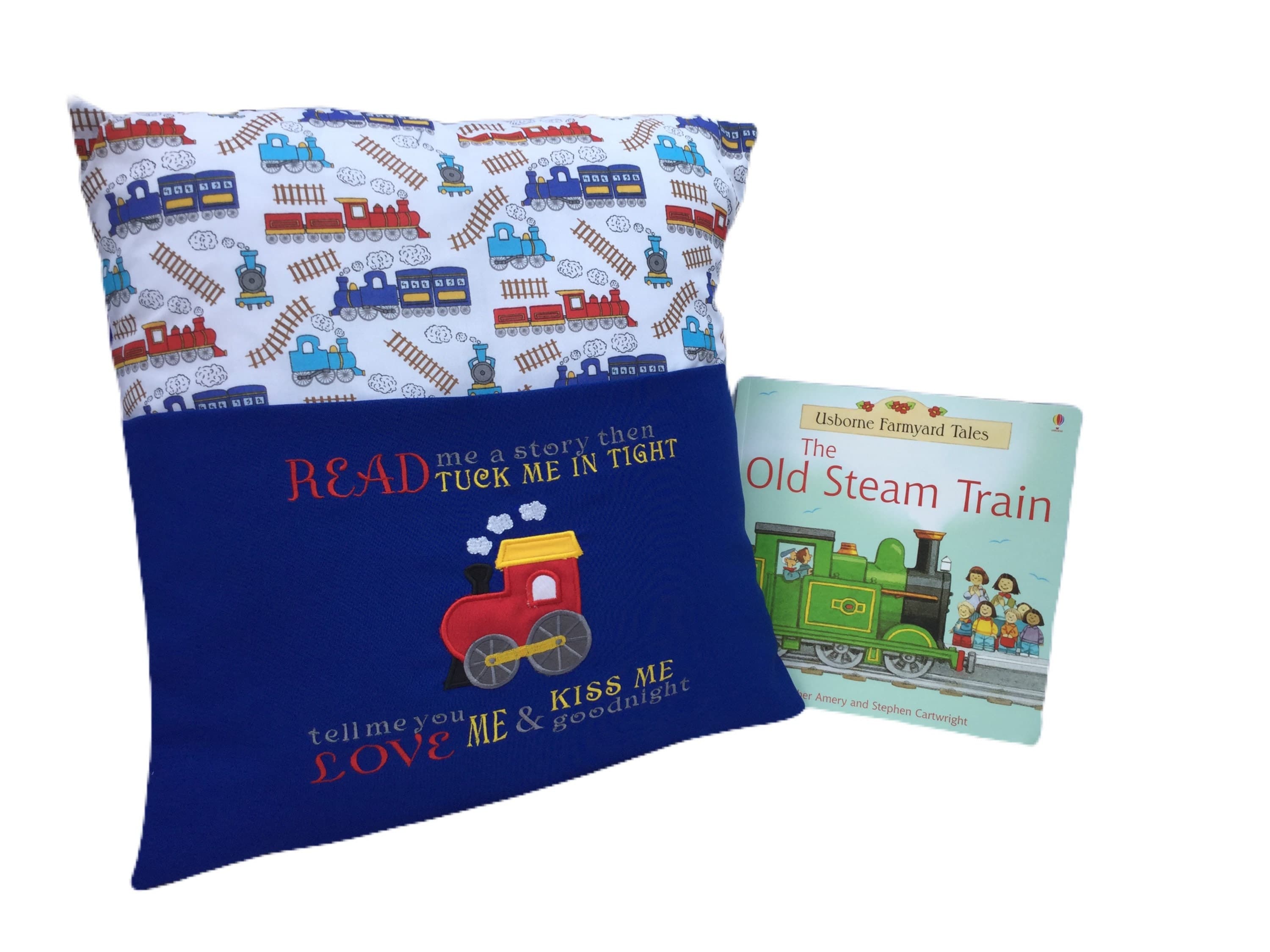 Embroidered Train Book Cushion: Children's Reading Pillow
